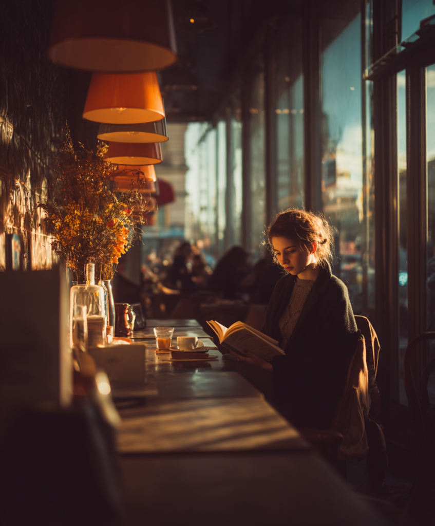 fgeorgina a wide angle photo of a woman sitting a cafe readin c10e9bf3 b706 419e a776 4dccee8abf12 3